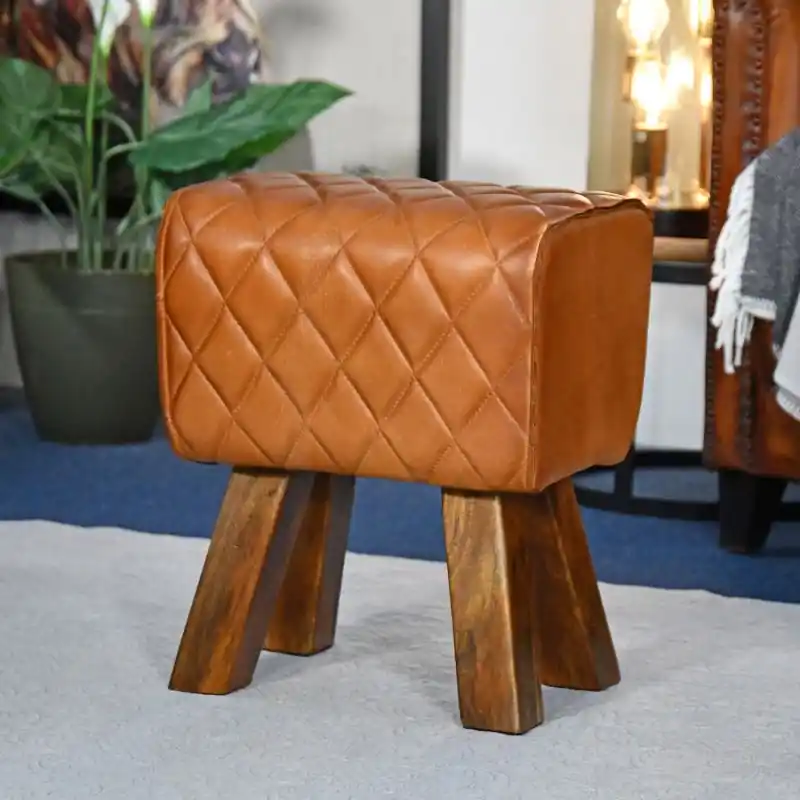 Certified The "Yale" Mango Wood & Tan Leather Stool