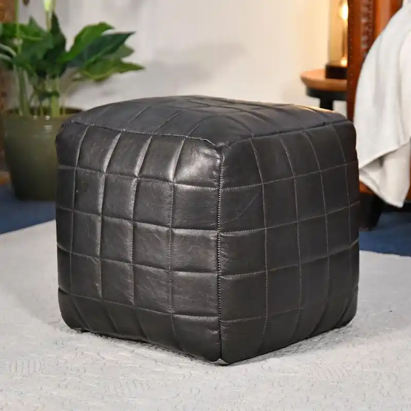 "The Cranborne" Black Leather Square Pouffe Same Day Shipping
