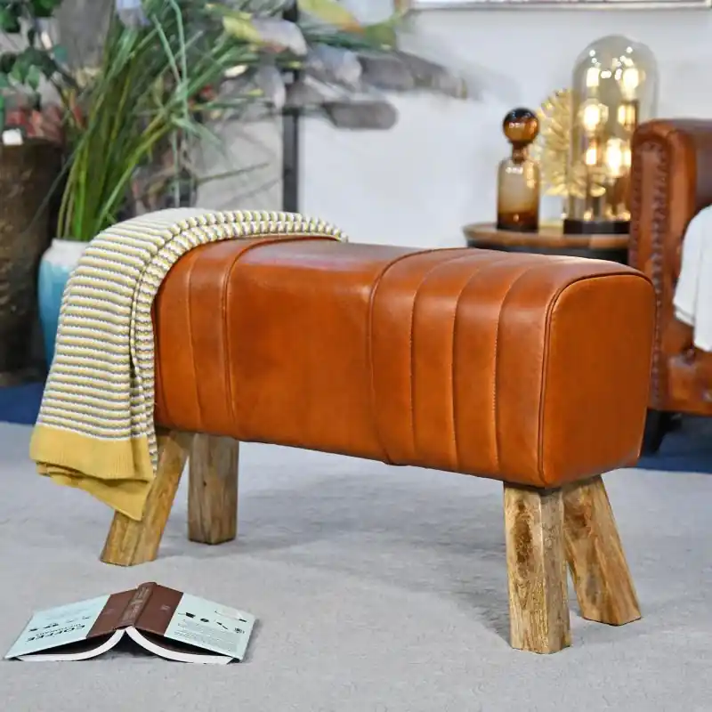 Wholesale "The Brodie" Mango Wood & Tan Leather Bench