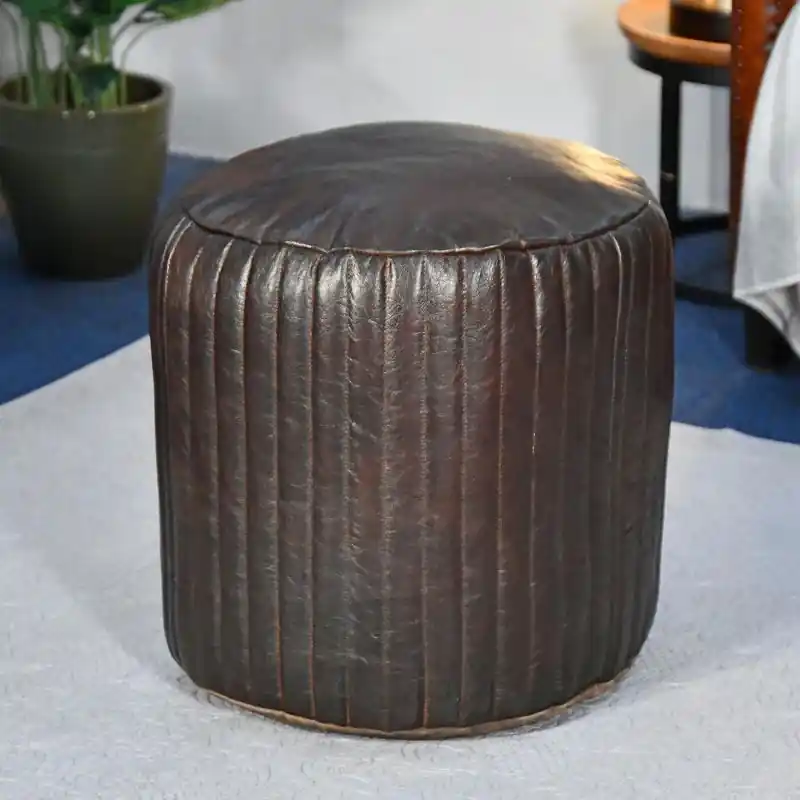 "The Coll" Brown Leather Round Pouffe Last Chance
