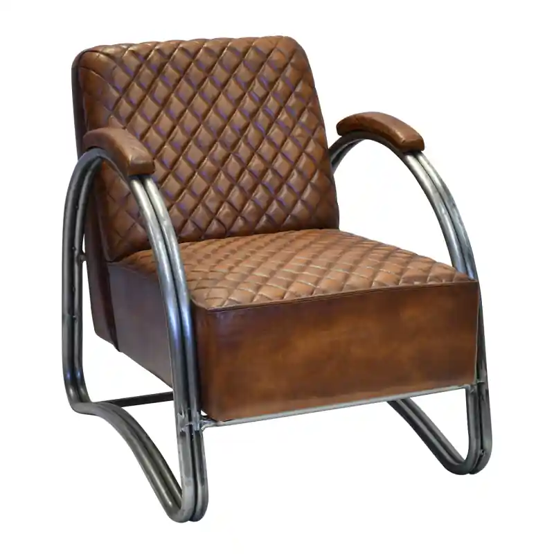 "The Bucknell" Iron & Brown Leather Single Seat Sofa Fresh Stock