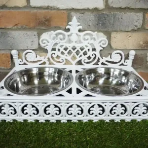 Today Only "Windsor" Antique White Double Dog Bowl Holder & Dish