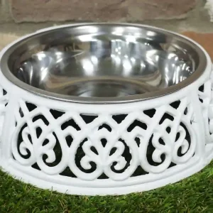 "Richmond" Antique White Dog Bowl Holder & Dish Grab Now