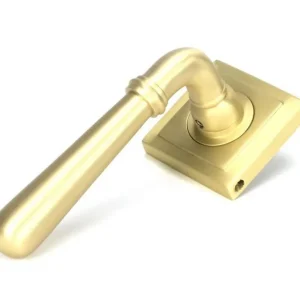 Hassle-Free Returns Modern Satin Brass "Neville" Unsprung Door Handle on Square Rose Set - 53mm