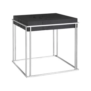 Worldwide Shipping Burnt Cube Side Table, Chamcha Wood, Stainless Steel Base